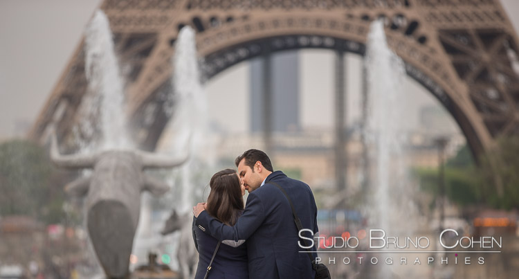 portrait kissing couple from Trocadero front of Eiffel Tower love in paris engagement session