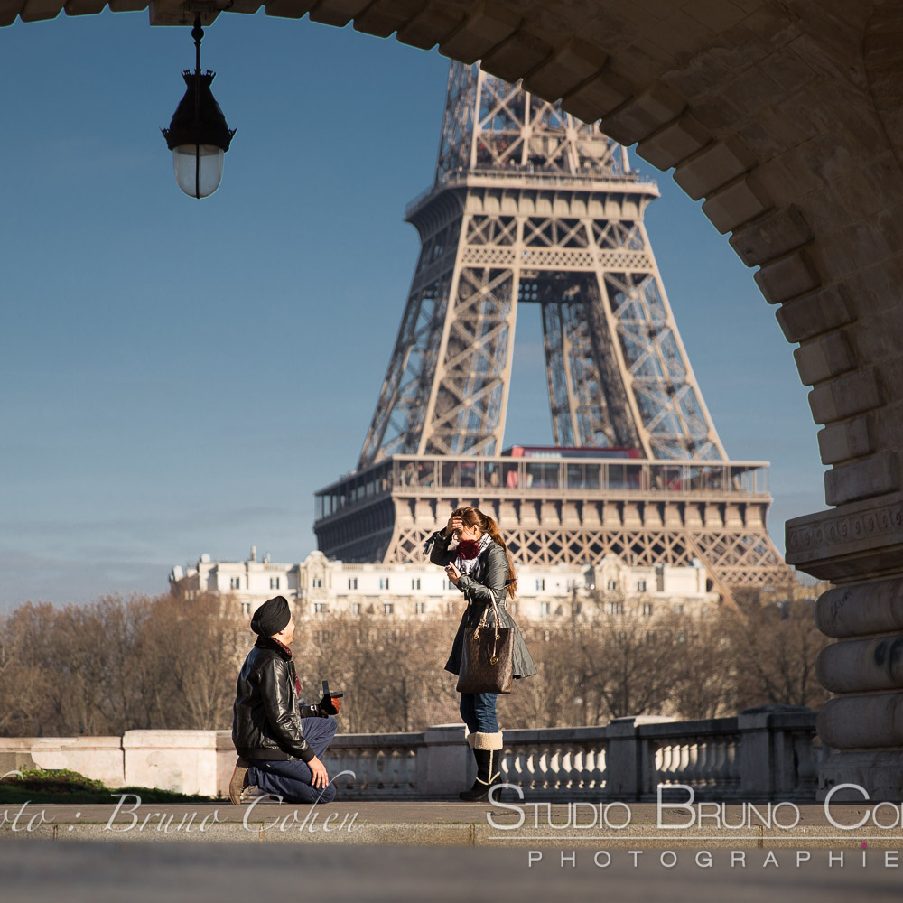 Surprise Proposal on Bir-Hakeim bridge paris at winter emotions cry front of Eiffel Tower 