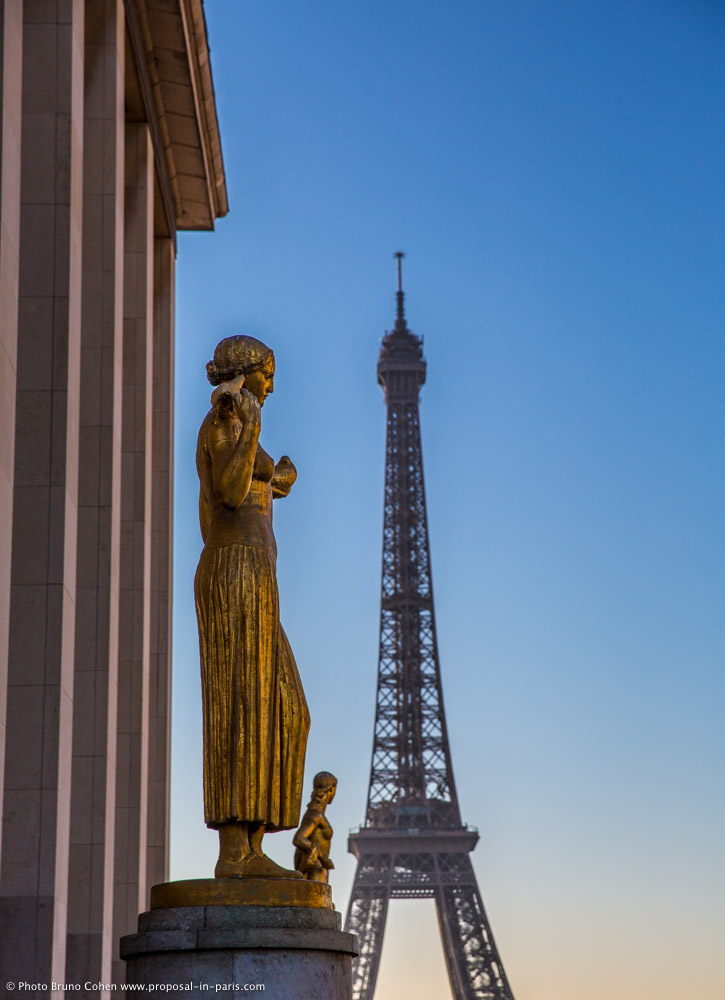 Trocadero place front on Eiffel Tower at sunrise proposal in paris