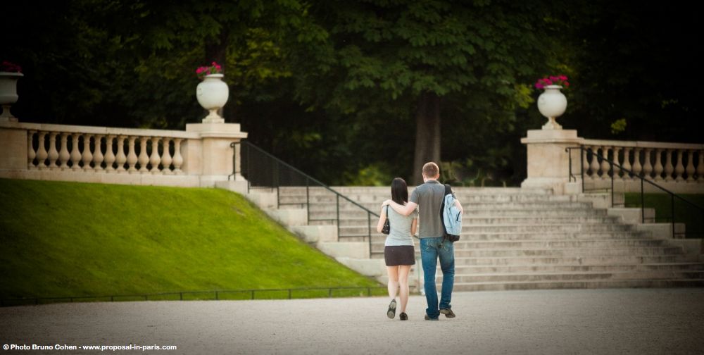 romantic walk in Luxembourg gardens proposal in paris at sunrise couple