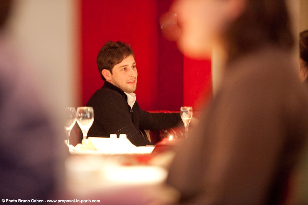 proposal in paris restaurant deda men romantic notre dame smile happy love couple