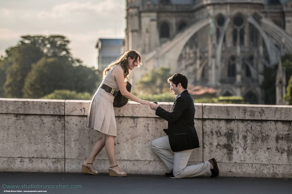 surprise proposal in paris emotion from paris focus ring love engagement front of notre dame cathedral 