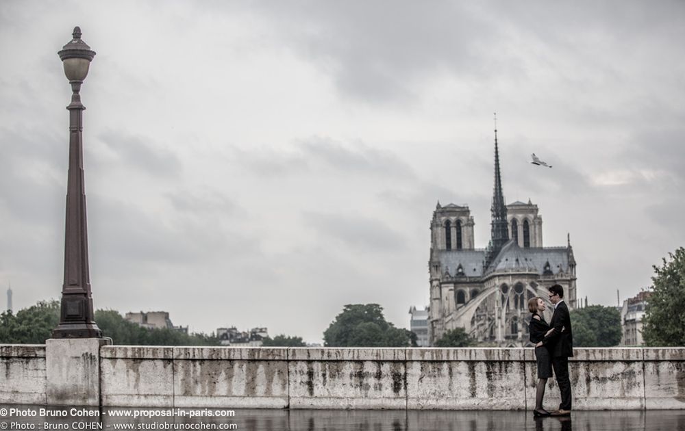 portrait couple kiss panoramic notre dame cathedral bridge proposal in paris 