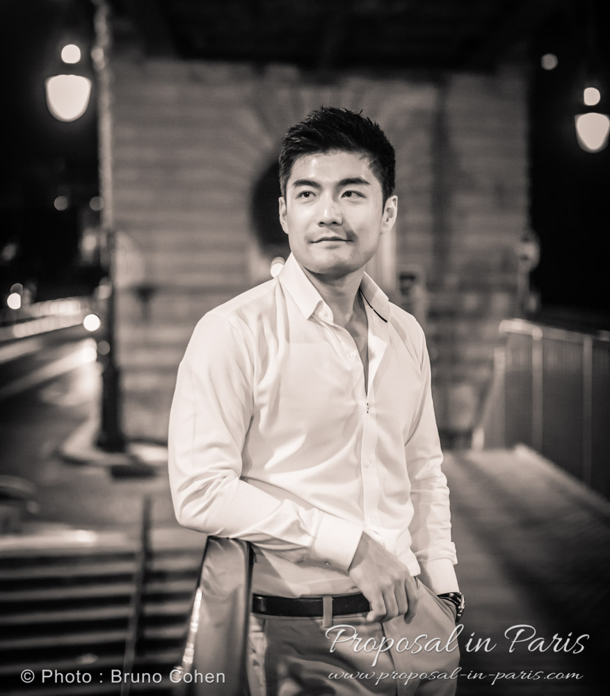 portrait asian chic man in paris by night proposal black and white 